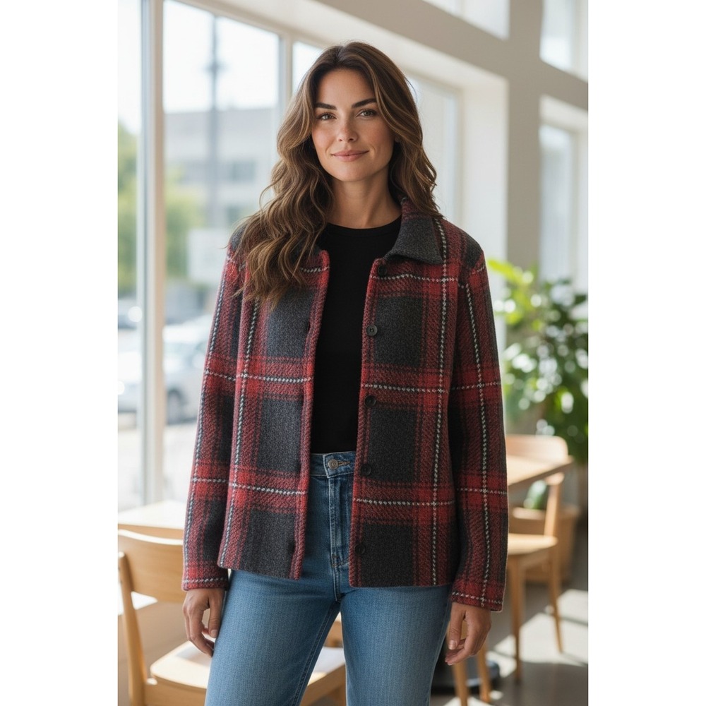 J Jill Red Black Plaid Wool Blend cardigan S jacket Cozy Cottagecore Preppy Fall - Picture 2 of 10